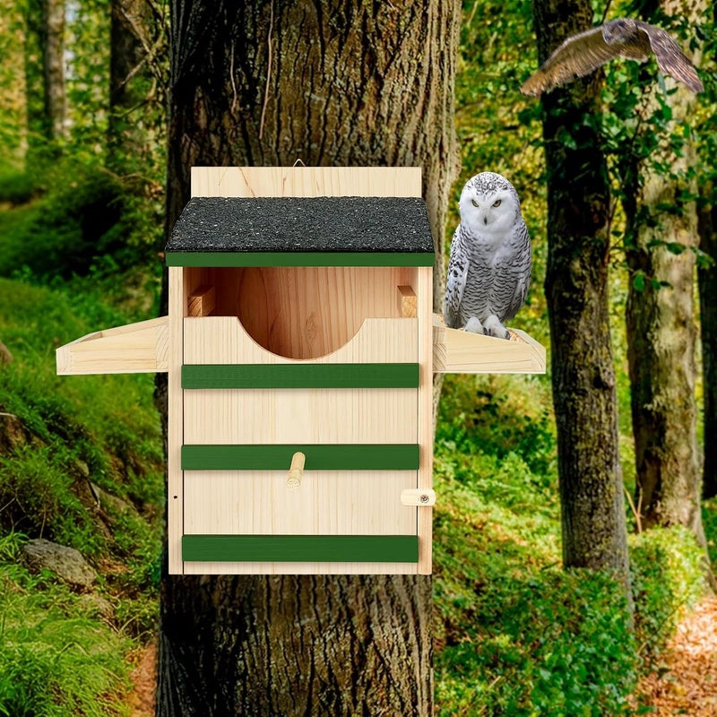 HAFTKD Owl House, Screech Wooden Owl Nesting Box, Weatherproof Design with Bird Stand, Large Opening, Mounting Screws, and Wood Shavings for Outside Backyard - Image 5
